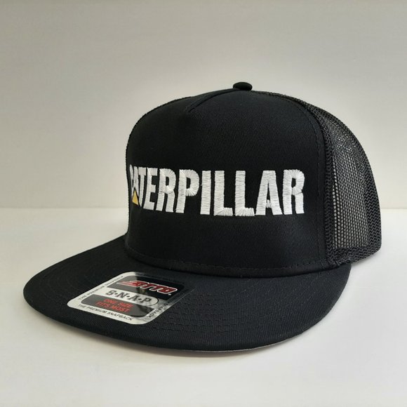 CAT Caterpillar Embroidered Flat Bill Mesh Snapback Cap Hat Black - Picture 2 of 4